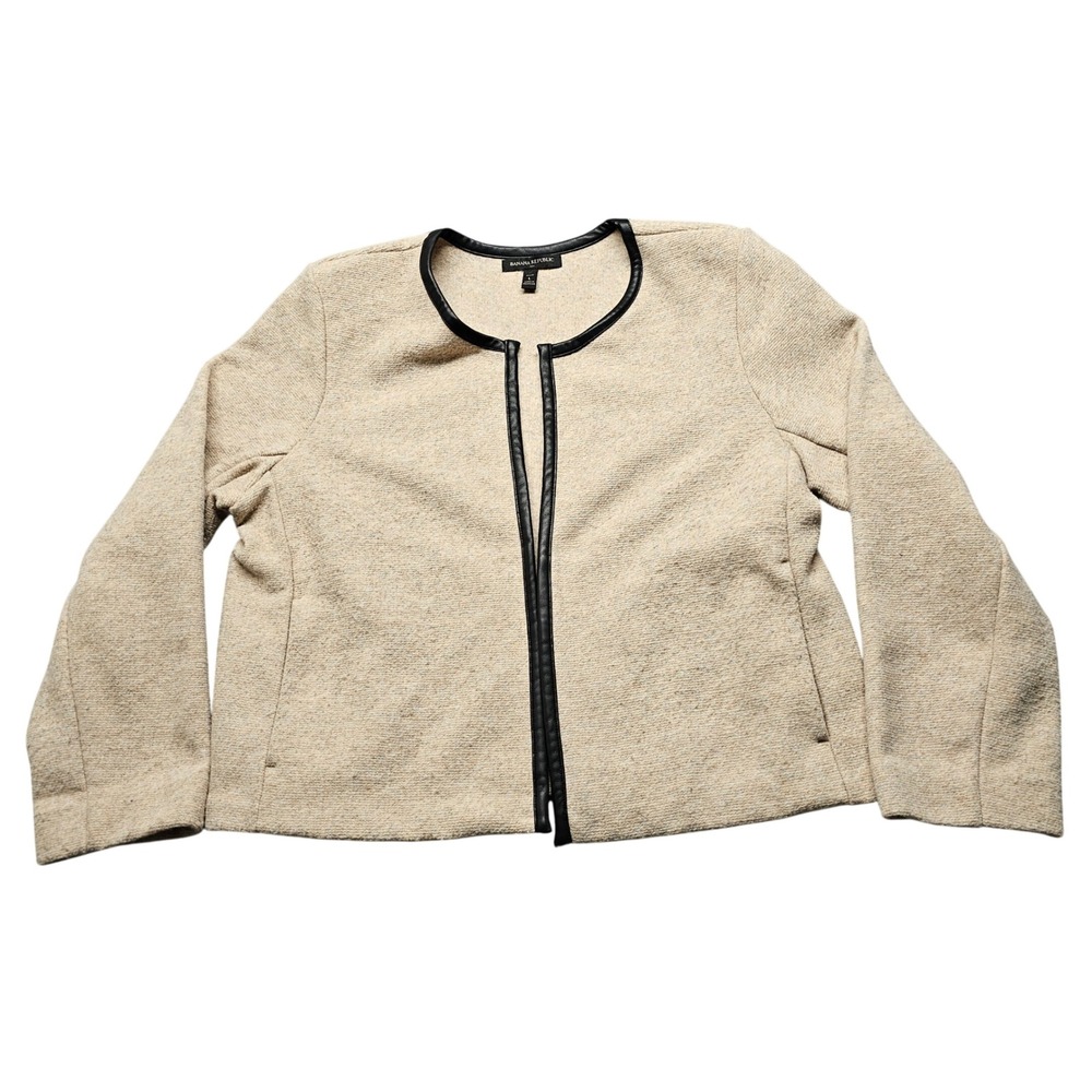Banana‎ Republic Petite Large Beige Textured Open Front Jacket Faux Leather Trim